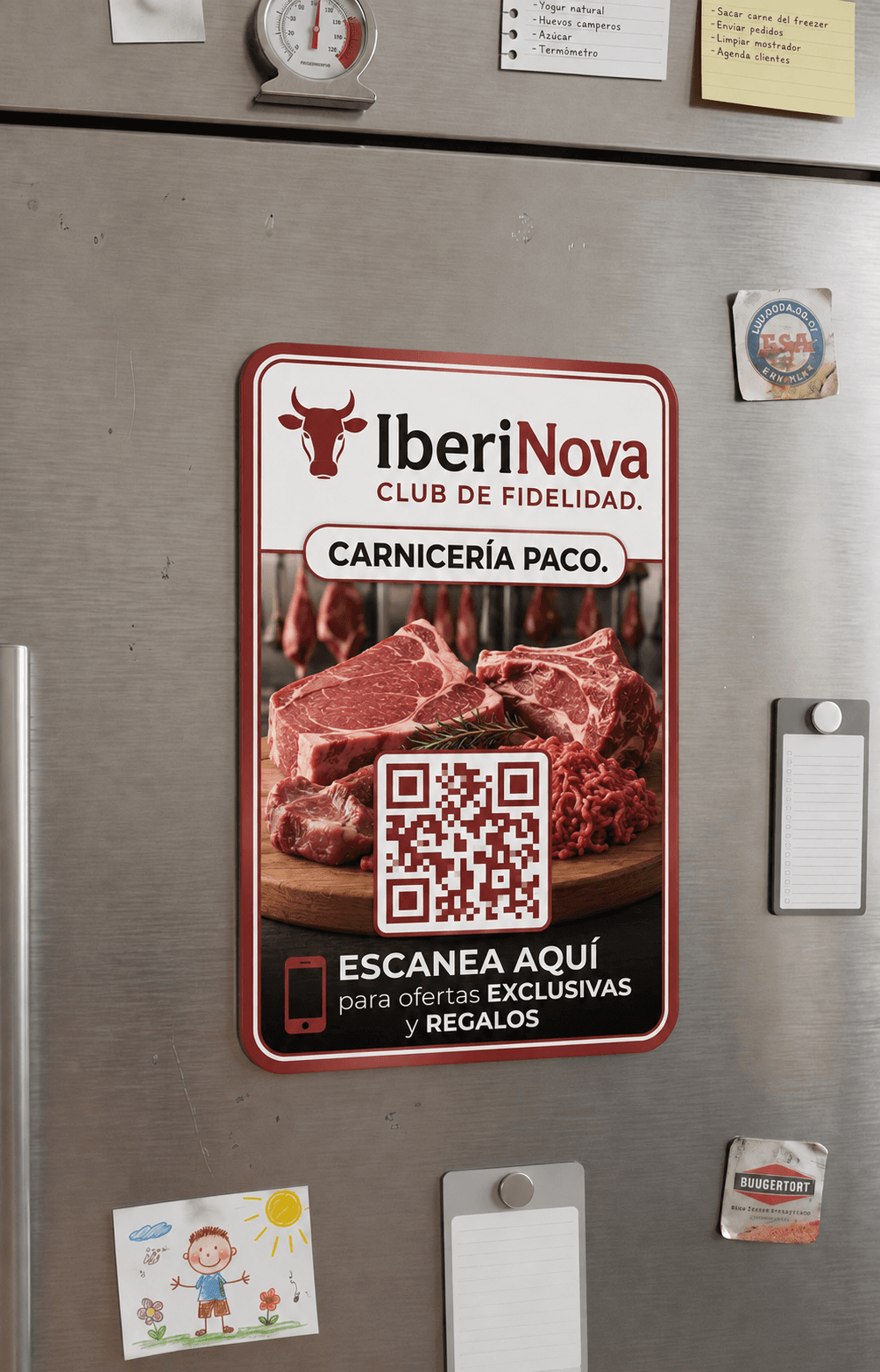 Imán de IberiNova en la nevera de un cliente
